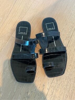 Dolce Vita Isala Black Croc-Embossed Triple Strap Slide Sandals